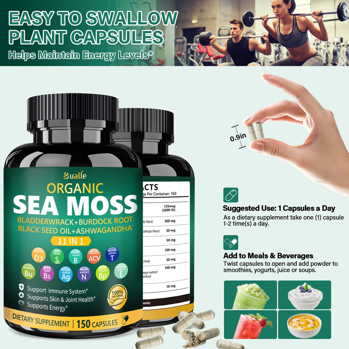 Bualle Irish Sea Moss Capsules – Organic Sea Moss, Black Seed Oil, Ashwagandha Supplements with Bladderwrack, Ginger & Burdock Root – Supports Daily Wellness, Skin & Energy – 150 Count (1 Pack) Bualle buy supplements Au
