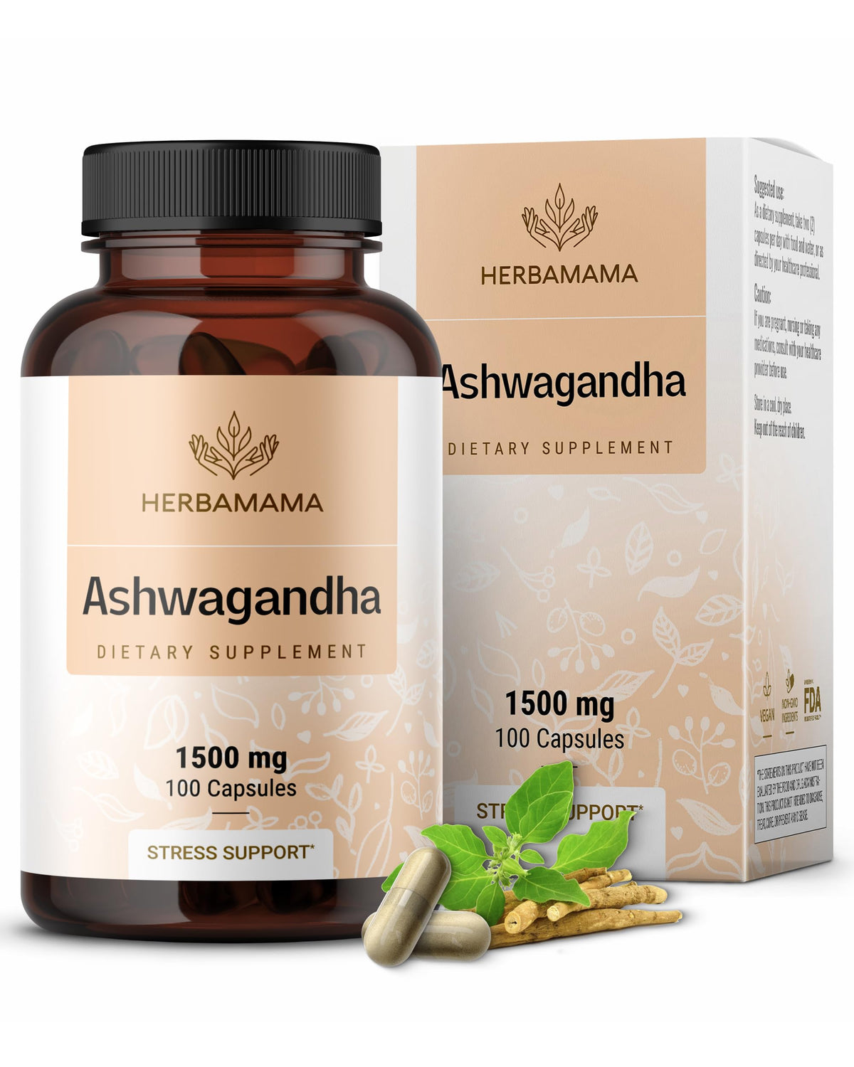 HERBAMAMA Ashwagandha Capsules - 1500mg Pure Ashwagandha Root Focus Supplement - Vegan, Non-GMO Mood & Calm Support Supplement for Adults, 100 Caps HERBAMAMABuy Supplements Australia