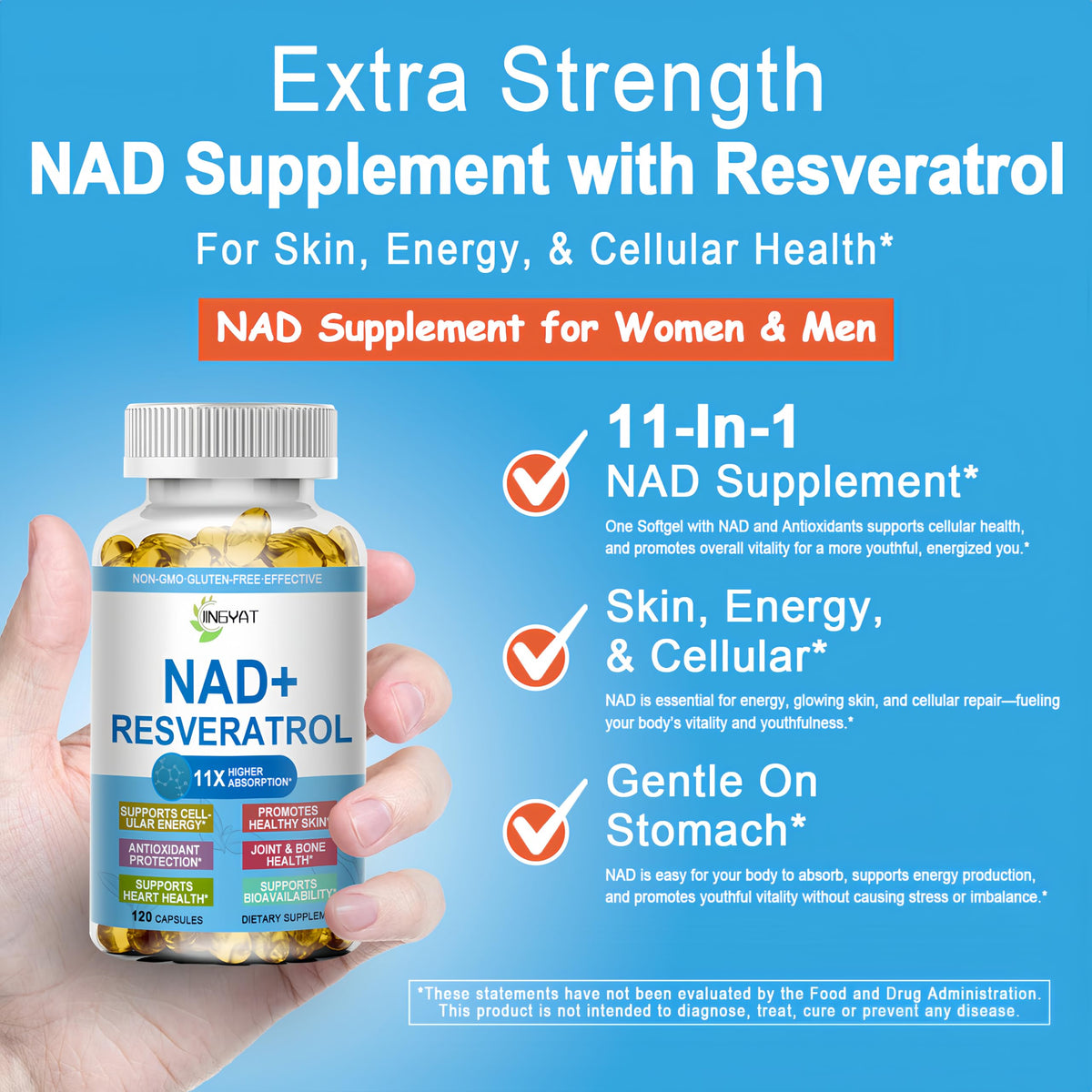 JINGYAT 11-in-1 NAD Supplement with Resveratrol, CoQ10, Quercetin, Collagen, Grape Seed for Cellular Energy, Mental Focus & Antioxidant Support - NAD Supplement for Women & Men, 120 Soft Capsules JINGYATBuy Supplements Australia