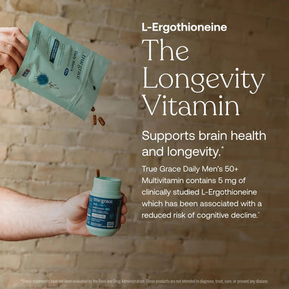 True Grace Daily Men’s Multivitamin 50+ - 60 Easy-to-Swallow Tablets - Immune, Energy, Longevity & Memory Support True Grace