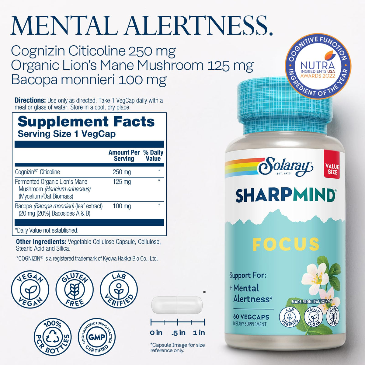 SOLARAY SharpMind Focus, Mental Alertness Nootropic Supplement for Healthy Brain Fog, Cognizin Citicoline, Lions Mane Mushroom, Bacopa Monnieri, 60 Day Money Guarantee, 60 Serv 60 Veg Caps SOLARAYBuy Supplements Australia