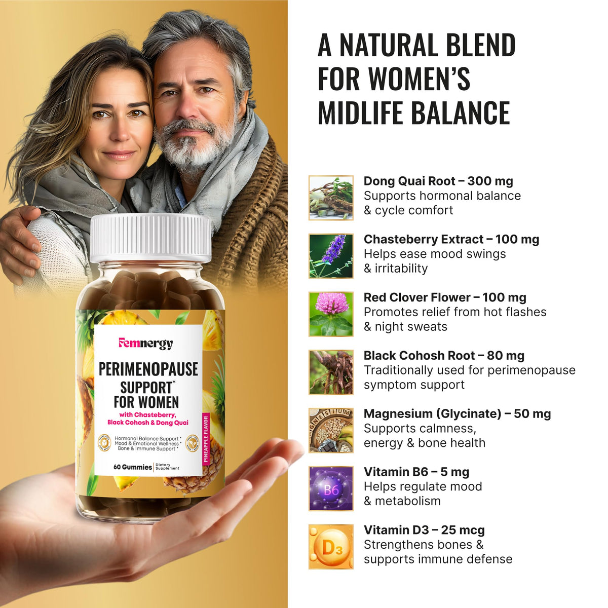 Femnergy Perimenopause Support Gummies for Women - Menopause Relief Estrogen & Hormone Balance Supplement with Black Cohosh Chasteberry Vitamins D3 B6 for Hot Flashes Night Sweats & Mood Swings FemnergyBuy Supplements Australia