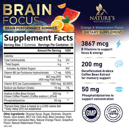 Brain Supplements for Memory and Focus with Phosphatidylserine, Nootropic Memory Supplement Gummy for Brain Health, Concentration, Mental & Cognitive Support, Focus Vitamins with B6 & B12-60 Gummies Nature's NutritionBuy Supplements Australia