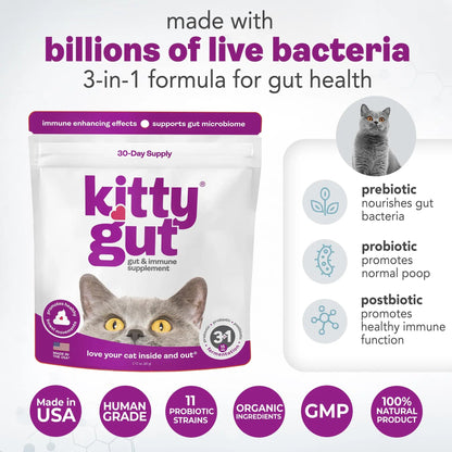 KittyGut 3-in-1 Organic Cat Probiotics & Postbiotic Supplement Powder- Made in USA-Probiotics for Cats Promote Gut Health and Cat Digestive Support, Diarrhea and Vomiting (60g) MUTTGUTBuy Supplements Australia