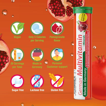 T&D German Multvitamin + Minerals 10 Vitamins 2 Minerals - 100 Vegan Drink Effervescent Tablets - Pomegranate Flavor T&D