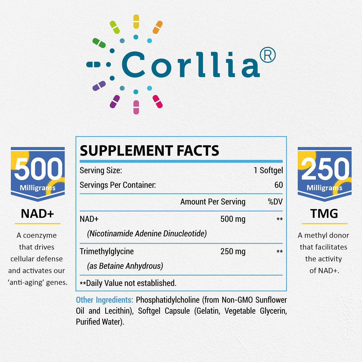 Liposomal NAD+ 500mg with TMG 250mg Softgels, Nicotinamide Riboside Alternative, Actual NAD+ Supplement, 120 Servings CorlliaBuy Supplements Australia