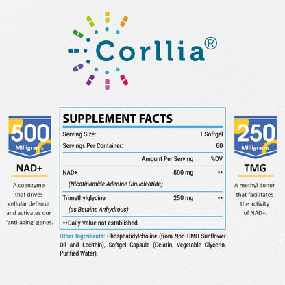 Liposomal NAD+ 500mg with TMG 250mg Softgels, Nicotinamide Riboside Alternative, Actual NAD+ Supplement, 120 Servings CorlliaBuy Supplements Australia