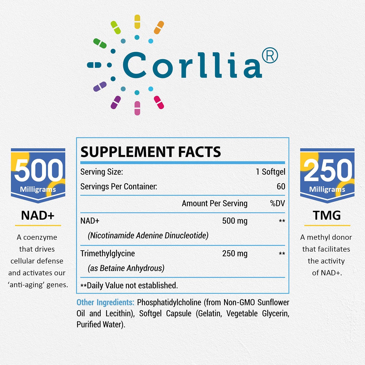 Liposomal NAD+ 500mg with TMG 250mg Softgels, Nicotinamide Riboside Alternative, Actual NAD+ Supplement, 120 Servings CorlliaBuy Supplements Australia