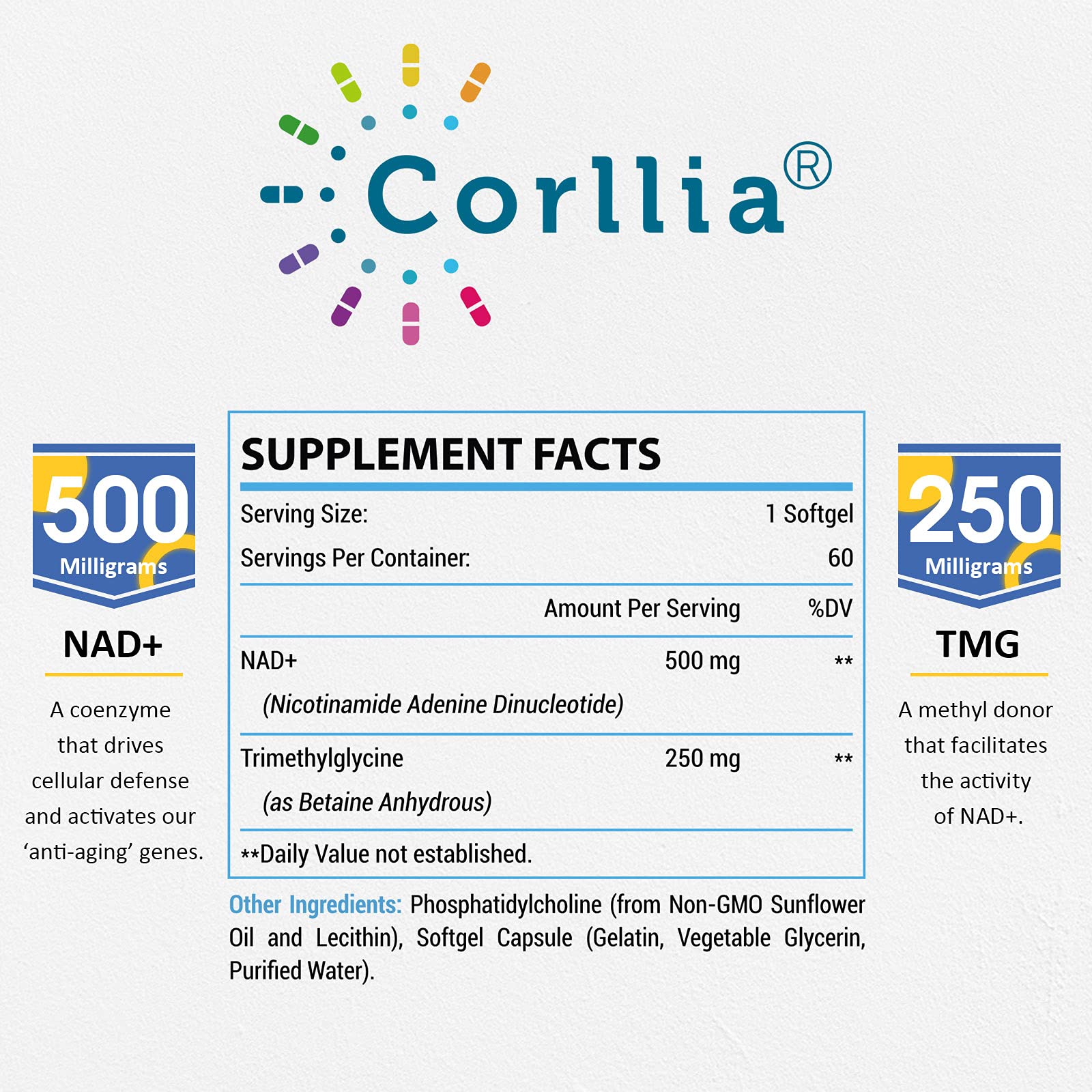 Liposomal NAD+ 500mg with TMG 250mg Softgels, Nicotinamide Riboside Alternative, Actual NAD+ Supplement, 120 Servings CorlliaBuy Supplements Australia