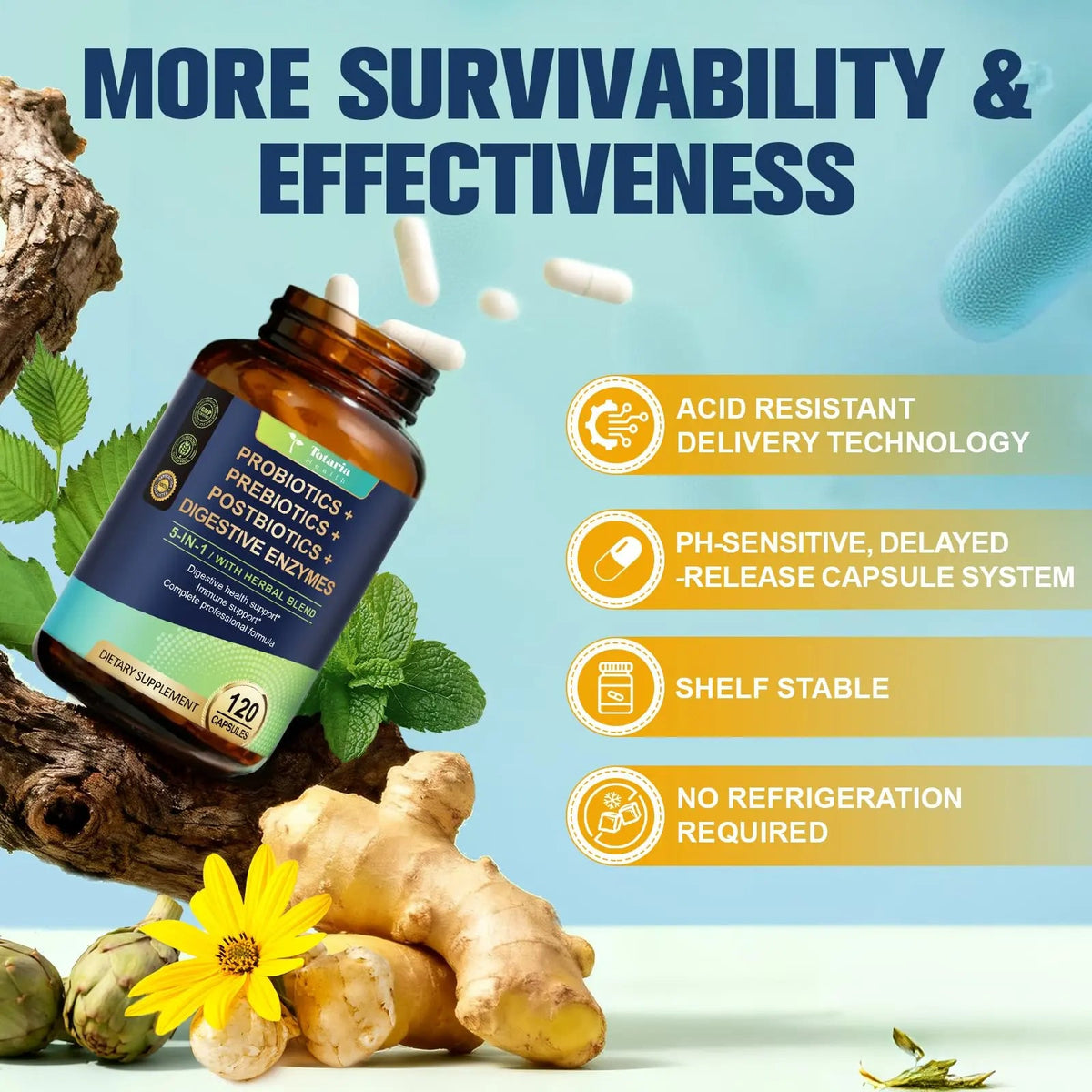 Totaria (2 Packs) 5-in-1 Probiotic Prebiotic & Postbiotic for Women Men, 60 Billion CFU 24 Strains w/Digestive Enzymes, Slippery Elm, Daily Complete Gut Health, Digestive & Immune Support TotariaBuy Supplements Australia