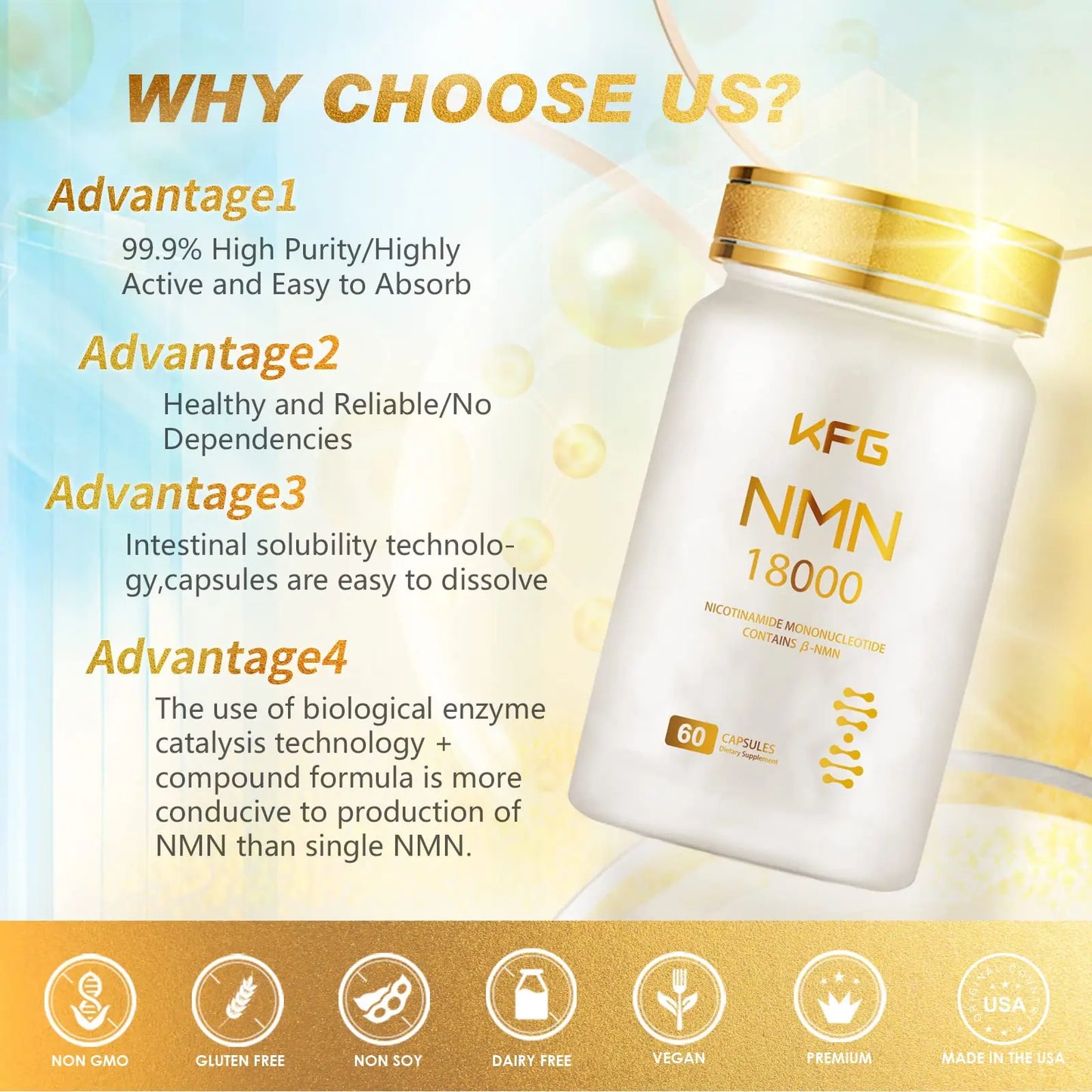 KFG NMN 18000 - NMN Nicotinamide Mononucleotide Supplement with Resveratrol, Stabilized Form & 99% High Purity to Boost NAD+ Levels for DNA Repair Supplement,for Healthy Aging,60 Capsules KFGBuy Supplements Australia