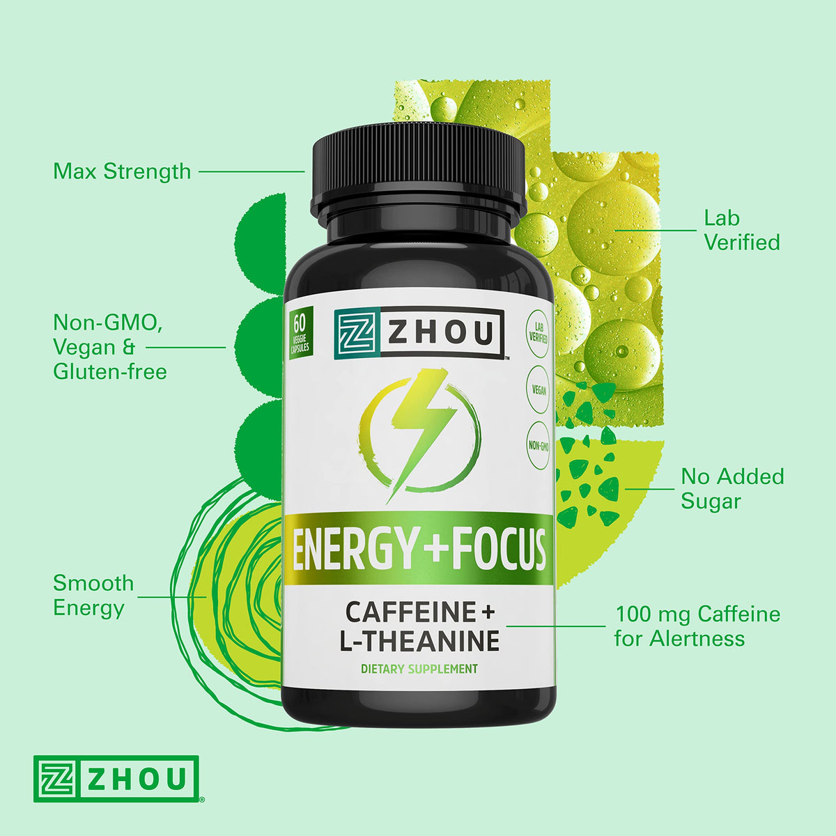 Zhou Energy + Focus - L Theanine Caffeine Pills, 200mg L-Theanine, 100mg Natural Anhydrous Caffeine Boost for Adults, Men & Women, Slow Extended Release - 60 Vegetarian Capsules (Pack of 1) ZHOUBuy Supplements Australia