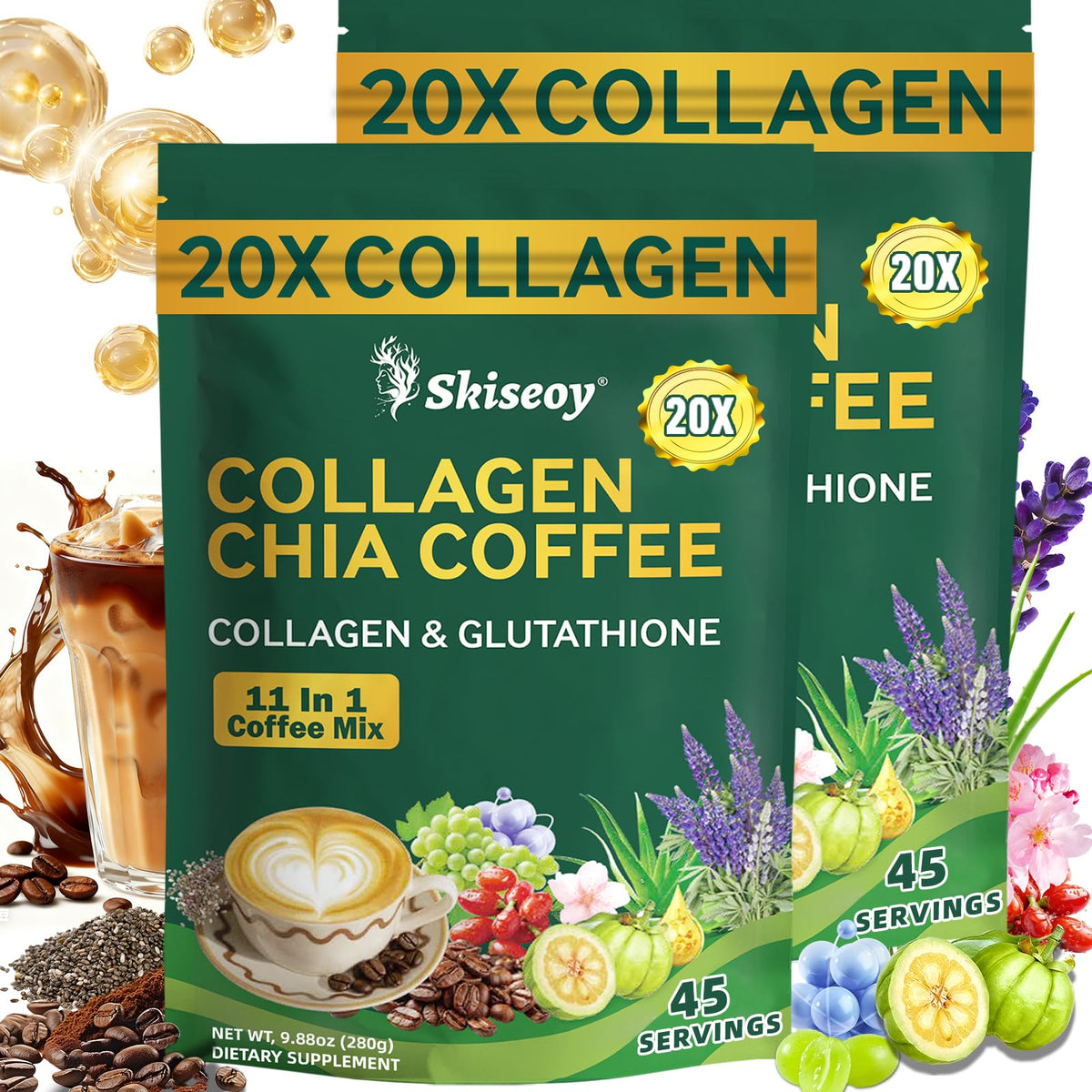 Skiseoy 20x Collagen Chia Coffee - 11-in-1 Coffee Shape Mix with L-Glutathione for Skin, Hair, Joints - Boost Energy and Focus, Vegan Friendly, 45 Servings SkiseoyBuy Supplements Australia