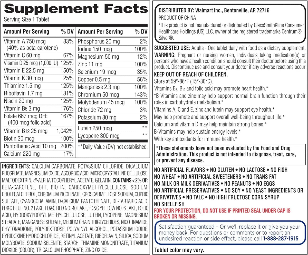 Equate Mature Adult 50+ One Daily Complete Multivitamin Compare to Centrum Silver (400 Ct) Aus Healthcare