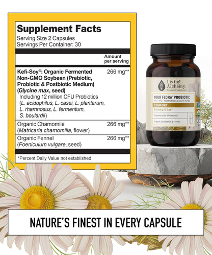 Your Flora Probiotic Comfort – Non-GMO Probiotics with Fermented Soybean, Chamomile, Fennel, Prebiotics, Digestive Enzymes for Digestion & Bloating – Prebiotics, Postbiotics – Living Alchemy, 60 Pcs Living AlchemyBuy Supplements Australia