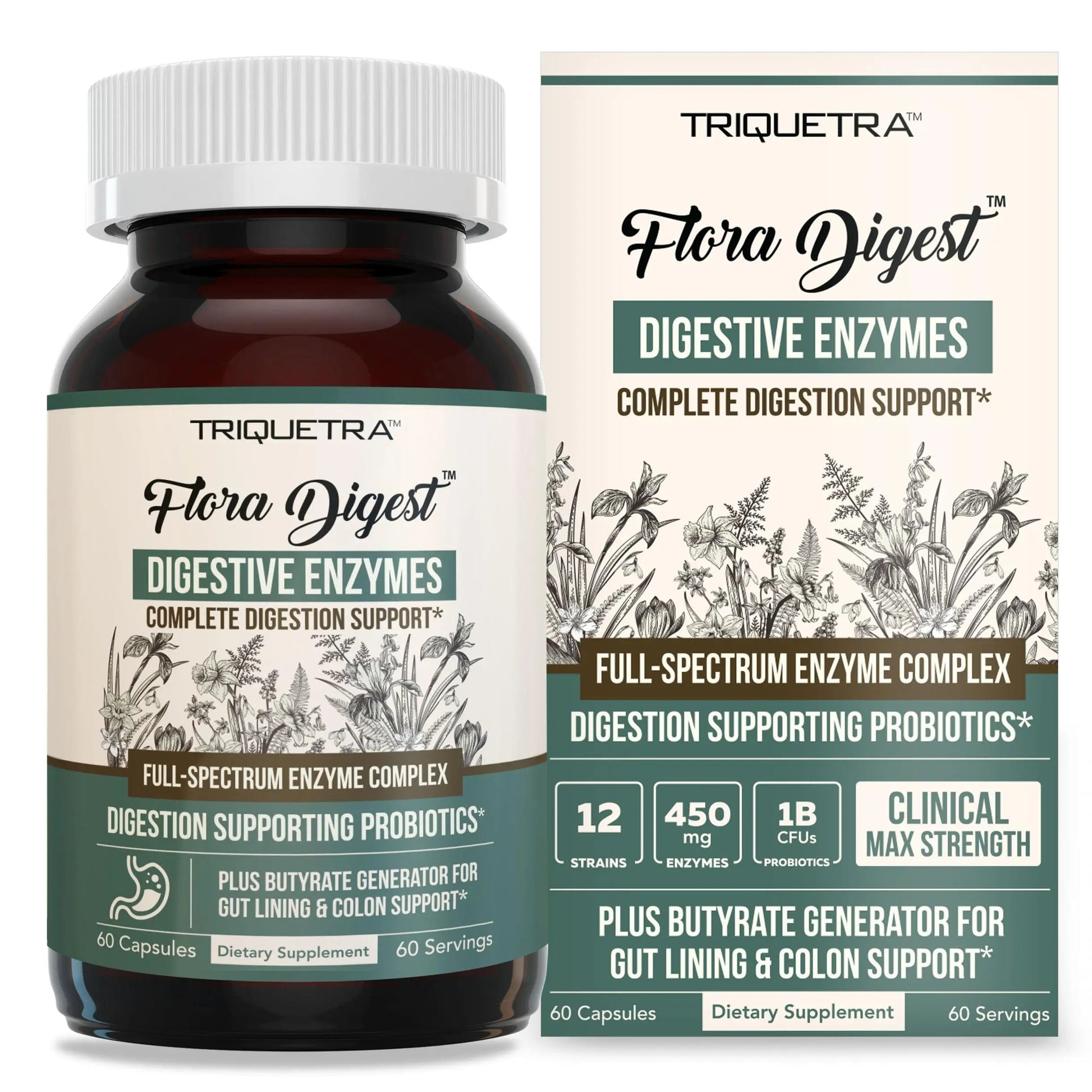 Flora Digest - 3-in-1 Max Strength Digestive Enzymes + Gut Surviving Probiotics & ButyraGen® Postbiotic for Optimal Digestion, Bloating Relief, Regularity, Gut Lining & Colon Support - (60 Capsules) Triquetra HealthBuy Supplements Australia