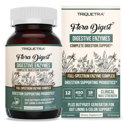 Flora Digest - 3-in-1 Max Strength Digestive Enzymes + Gut Surviving Probiotics & ButyraGen® Postbiotic for Optimal Digestion, Bloating Relief, Regularity, Gut Lining & Colon Support - (60 Capsules) Triquetra HealthBuy Supplements Australia