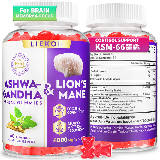 Ashwagandha Gummies - Organic Ashwagandha & Lions Mane Gummies for Adults with 4 Adaptogenic Herb for Stress, Cognitive & Immune Support| Cortisol Supplements for Women & Men, Berry Flavor - 60 Counts LiekohBuy Supplements Australia