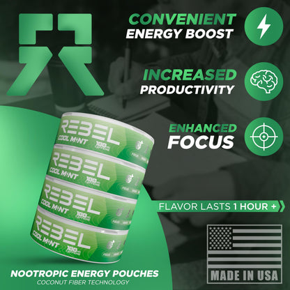 Rebel Nootropic Energy Caffeine Pouches (Cool Mint) • 100mg Caffeine • Alpha GPC • Huperzine A & Essential Vitamins • Sugar-Free • Coconut Fiber Technology • 15 Pouches Per Can (Pack of 4) Rebel SupplementsBuy Supplements Australia