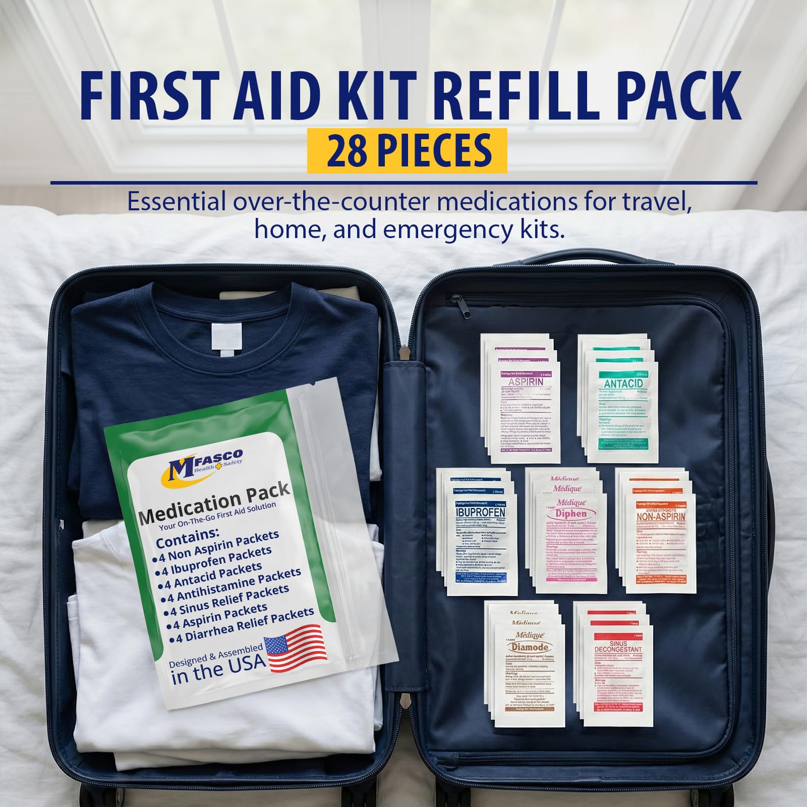 MFASCO - 7 in 1 - Travel Size Medicine Kit - TSA Approved | 28 First Aid Emergency OTC Medicine Packets for Cruise & International Travel | Compact Med Refill for Traveling & Office Assembled in USA MFASCO buy supplements Au