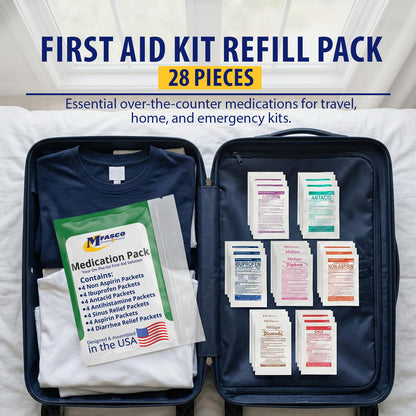MFASCO - 7 in 1 - Travel Size Medicine Kit - TSA Approved | 28 First Aid Emergency OTC Medicine Packets for Cruise & International Travel | Compact Med Refill for Traveling & Office Assembled in USA MFASCO buy supplements Au
