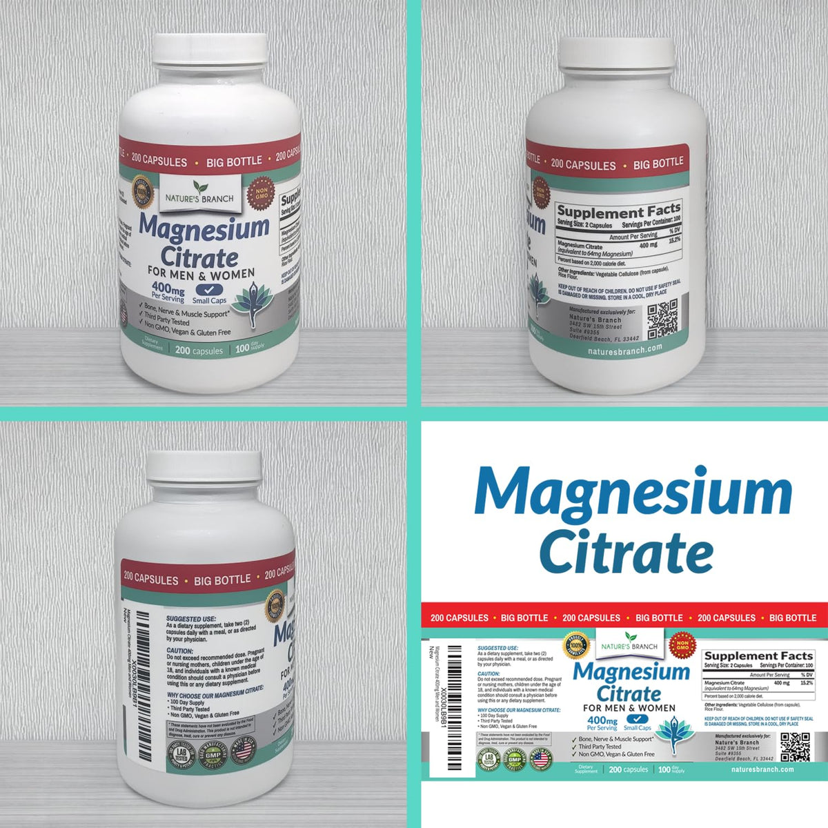Magnesium Citrate 400mg | 200 Capsules, High Absorption for Sleep, Relax, Leg Cramps, Energy, Extra Strength Easy to Swallow Small Pills for Women & Men, Vegan Supplement for Digestion, Not Tablets NATURE'S BRANCHBuy Supplements Australia