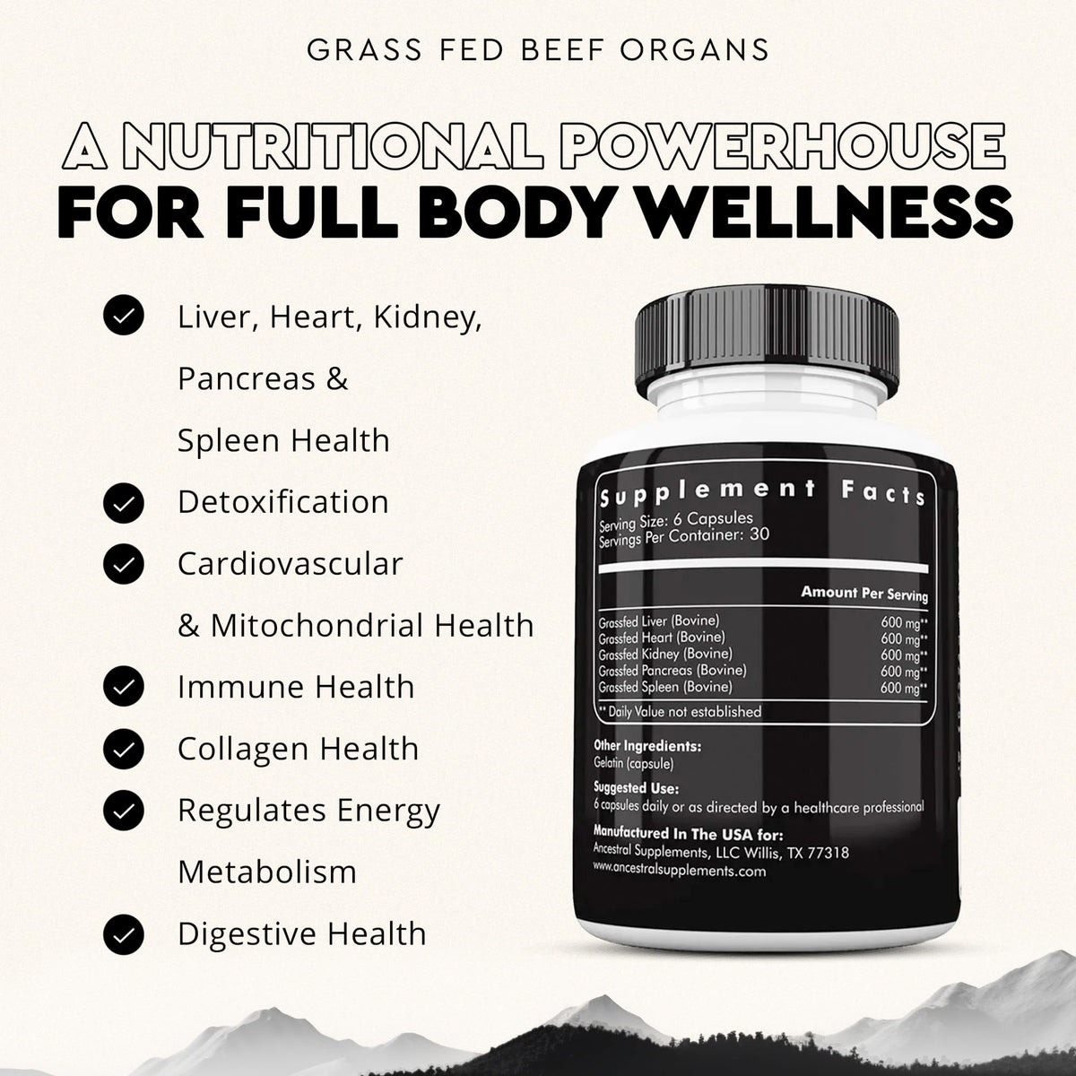 Ancestral Supplements Grass Fed Beef Organ Supplement, Supports Whole Body Wellness with Proprietary Blend of Liver, Heart, Kidney, Pancreas, Spleen, Freeze-Dried Beef, Non-GMO, 180 Capsules Ancestral SupplementsBuy Supplements Australia