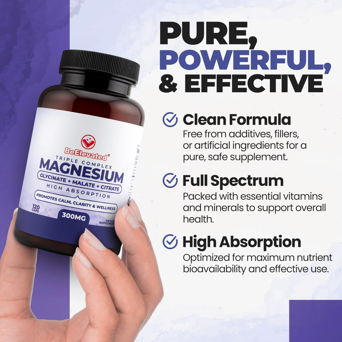 BeElevated High Absorption Triple Magnesium Complex for Sleep, Relaxation & Muscle Support – 300mg of Magnesium Glycinate, Citrate & Malate