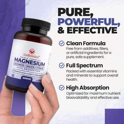 BeElevated High Absorption Triple Magnesium Complex for Sleep, Relaxation & Muscle Support – 300mg of Magnesium Glycinate, Citrate & Malate