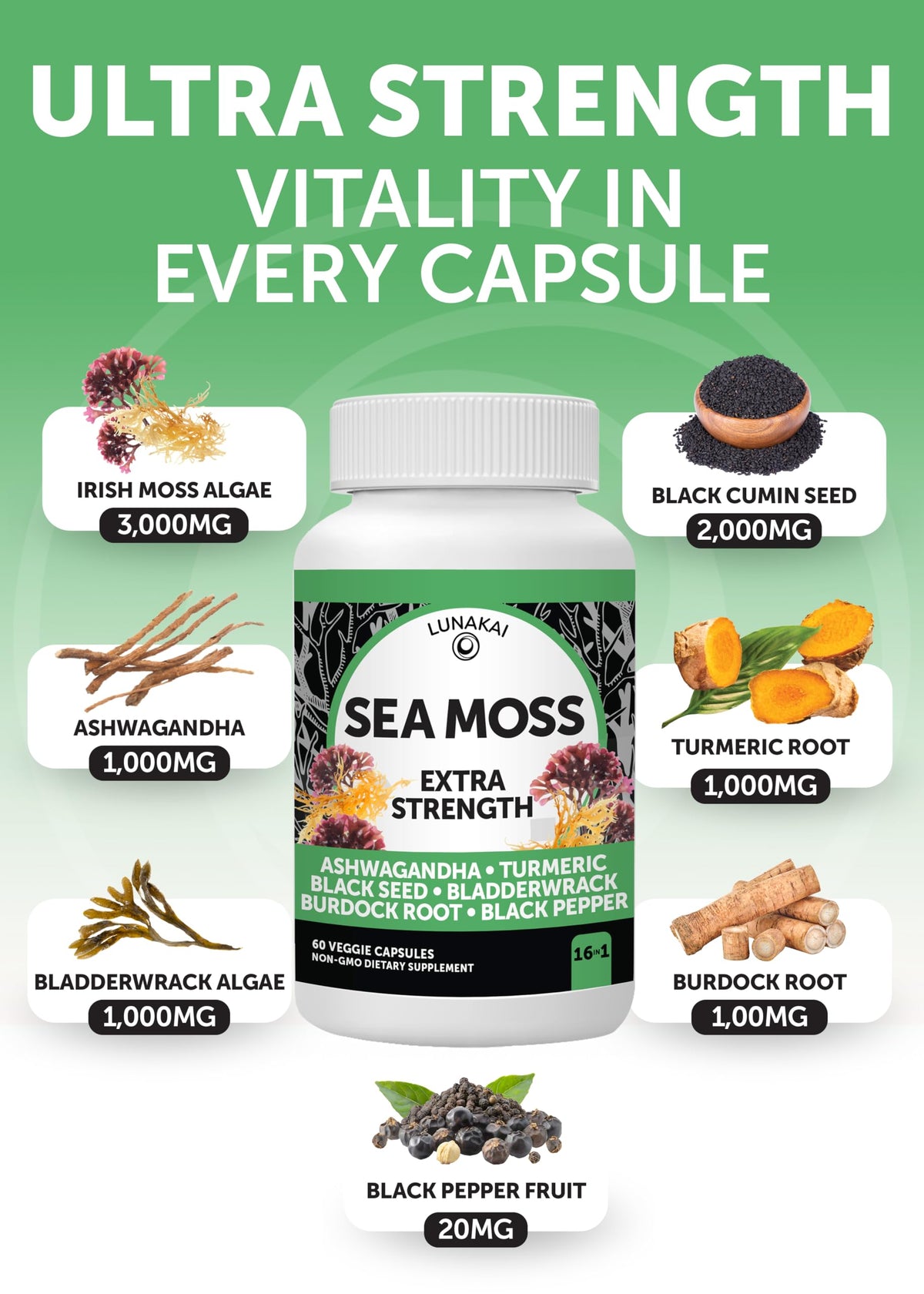 Lunakai USA Made Superfood Fruits & Veggies Supplement & Irish Sea Moss Bundle with 4 Blends, Black Seed Oil & Ashwagandha for Immune & Wellness Support Lunakai buy supplements Au