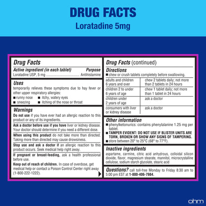 Ohm Children's Allergy Medicine, Loratadine 5mg, Chewable Tablets (30 Count) Bubblegum Flavor, Non-Drowsy Antihistamine, 24-Hour Allergy Relief for Runny Nose, Watery Eyes, Itchy Throat & Nose Ohm buy supplements Au