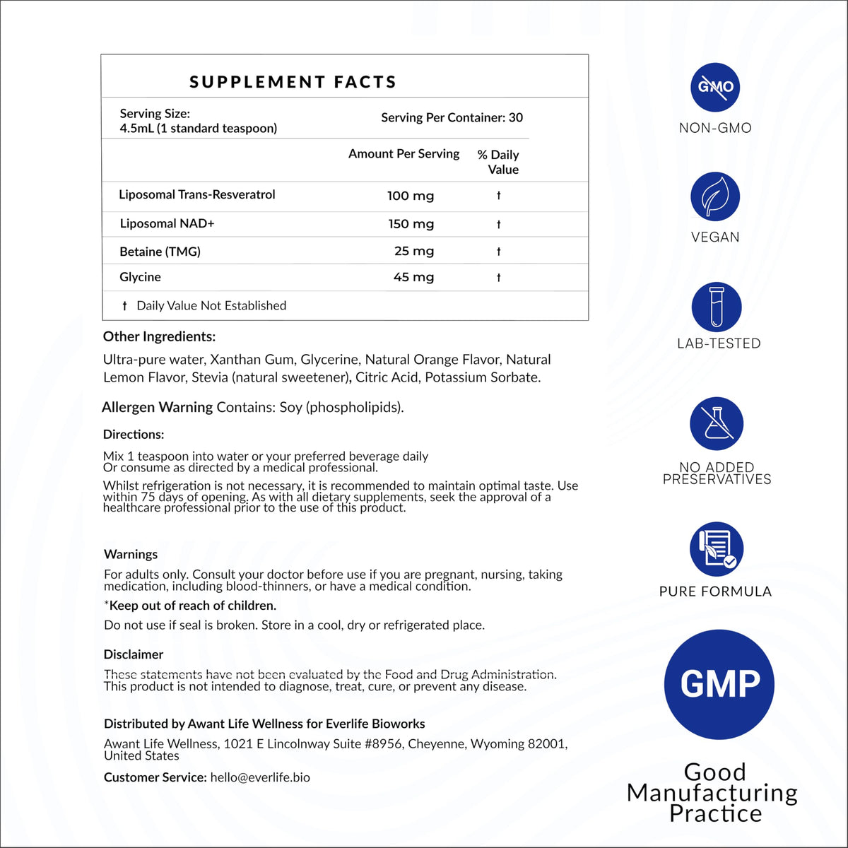 Everlife Liposomal NAD+ Liquid Supplement – 150mg Shot with Liposomal Trans-Resveratrol, TMG & Glycine – Boosts Energy, Cellular Repair, Healthy Aging & Longevity – NMNH Alternative – 30 Servings EverlifeBuy Supplements Australia