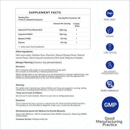 Everlife Liposomal NAD+ Liquid Supplement – 150mg Shot with Liposomal Trans-Resveratrol, TMG & Glycine – Boosts Energy, Cellular Repair, Healthy Aging & Longevity – NMNH Alternative – 30 Servings EverlifeBuy Supplements Australia