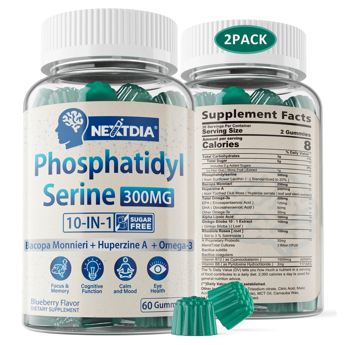Phosphatidylserine - Nootropic Brian Supplement, Focus & Energy Gummies+ Bacopa Monnieri, Omega 3, Huperzine A, Methyl B12 & B6 for Seniors, Gamers, Workers, Non-GMO, Caffeine-Free, Sugar Free, 2 Pack NextdiaBuy Supplements Australia