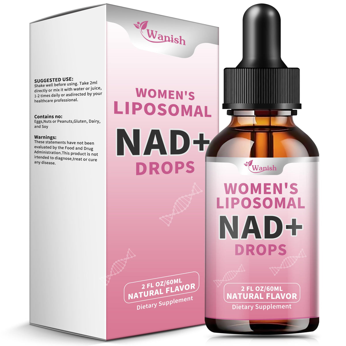 Bottle and packaging of Wanish Women's Liposomal NAD+ Drops on a white background