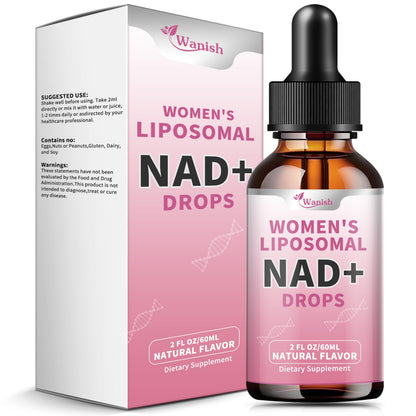 Bottle and packaging of Wanish Women's Liposomal NAD+ Drops on a white background