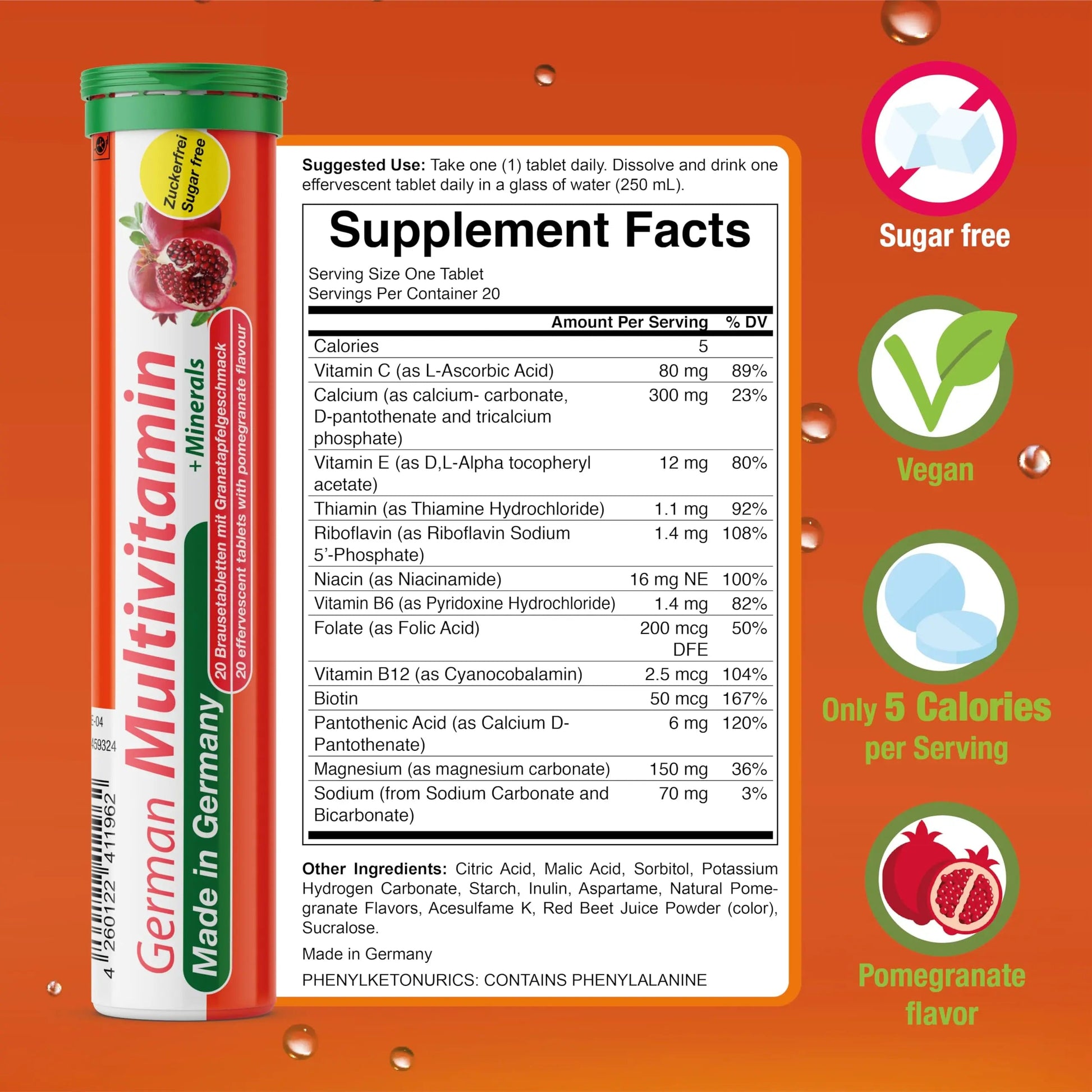 T&D German Multvitamin + Minerals 10 Vitamins 2 Minerals - 100 Vegan Drink Effervescent Tablets - Pomegranate Flavor T&D