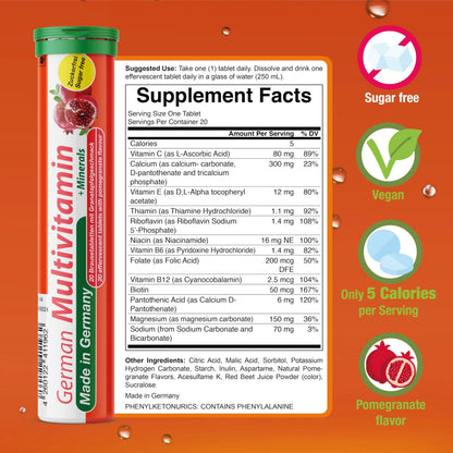 T&D German Multvitamin + Minerals 10 Vitamins 2 Minerals - 100 Vegan Drink Effervescent Tablets - Pomegranate Flavor T&D