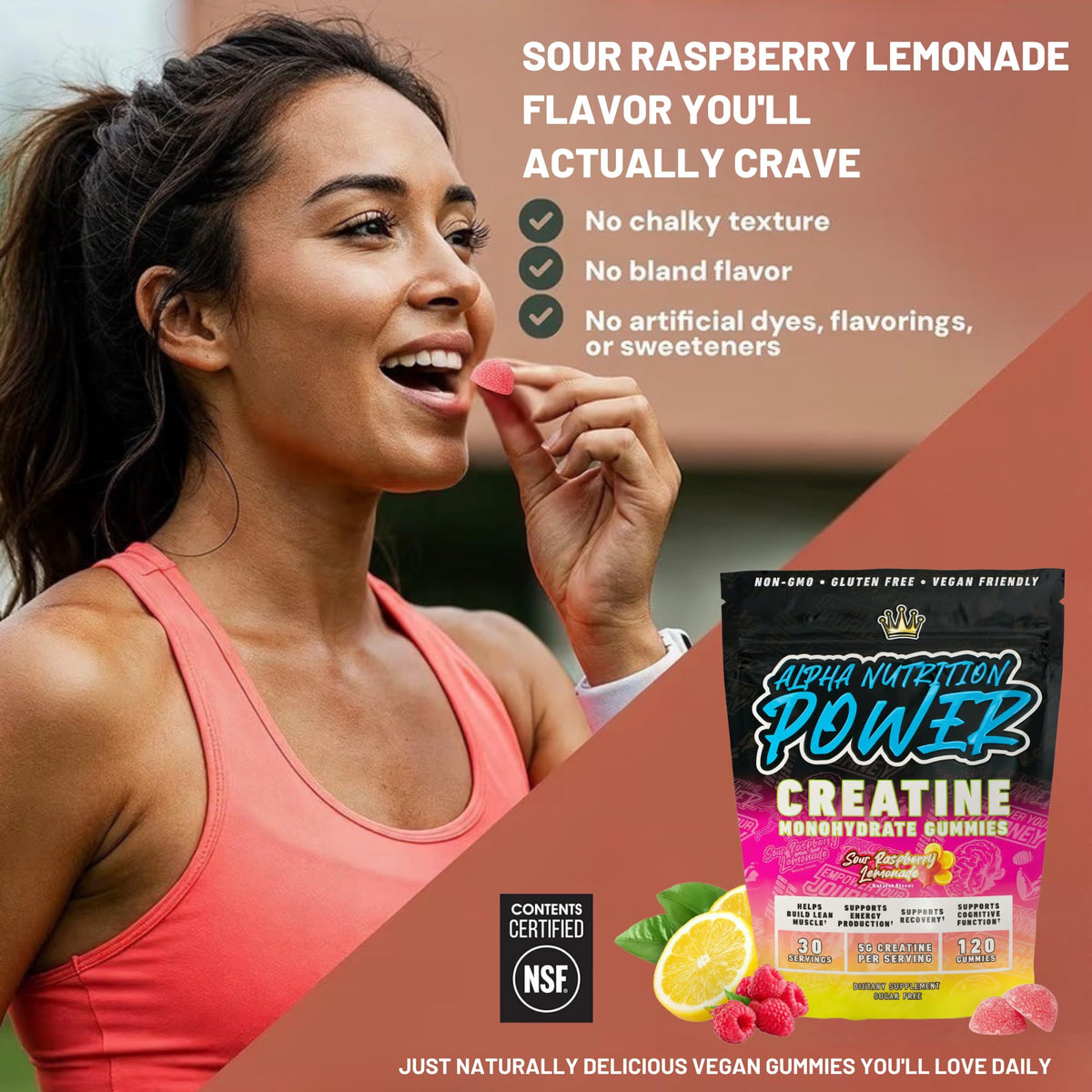 Creatine Monohydrate Gummies 5g - Raspberry Lemonade Flavored Creatine for Women and Men - Supplement for Muscle Gain, Strength, Energy, Cognitive Health, Pre and Post Workout, Recovery, (120 Gummies) Alpha Nutrition PowerBuy Supplements Australia