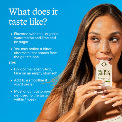 Sunny Within Longevity – Liposomal NAD+ Glutathione Supplement w/Liquid NAD+, CoQ10, B12, MCT & Avocado Oil – Cellular Health, Energy, Brain, Gut & Heart Support* – Watermelon Lime – 30 Pouches Sunny WithinBuy Supplements Australia