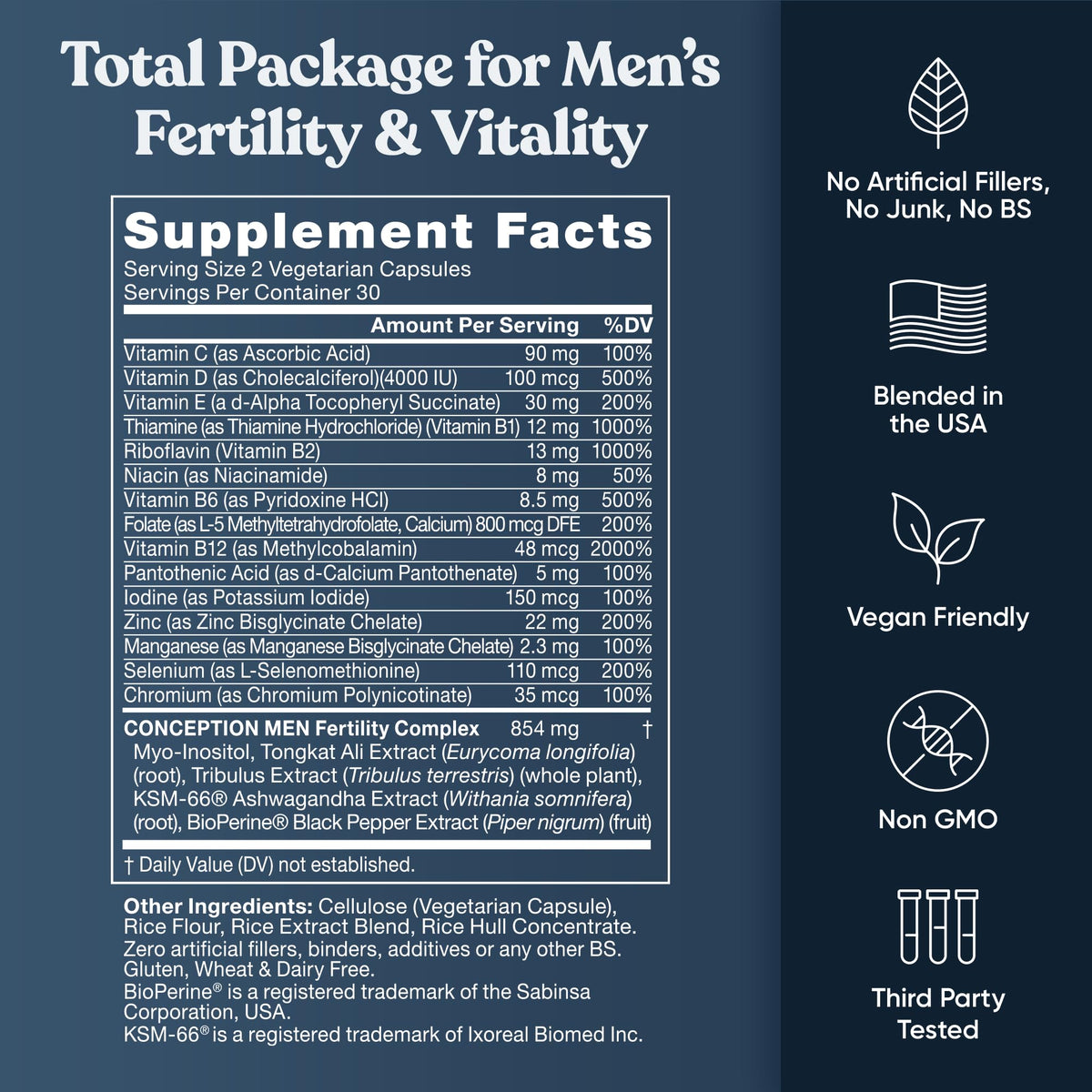 Eu Natural Conception for Him - Male Fertility Supplements with Ashwagandha, Folate & Zinc - Sperm Count, Motility & Strength Support