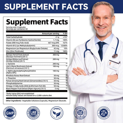 Brain Supplements for Memory & Focus - Nootropic with Bacopa Monnieri, Lion's Mane, Alpha GPC, Phosphatidylserine | Supports Mental Clarity & Cognitive Function | Vitamin B6 & B12-120 Capsules MigcopatBuy Supplements Australia