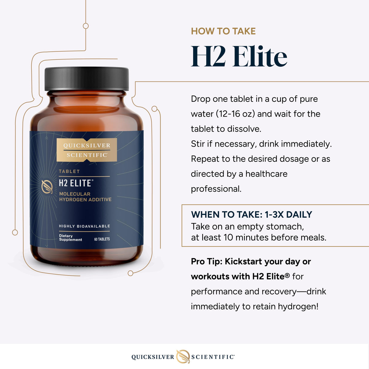 Quicksilver Scientific H2 Elite - Molecular Hydrogen for Energy + Metabolism Support, Water Tablets Perfect for Open Containers - Magnesium Malate Drink Additive (60 Molecular Hydrogen Tablets) Quicksilver ScientificBuy Supplements Australia