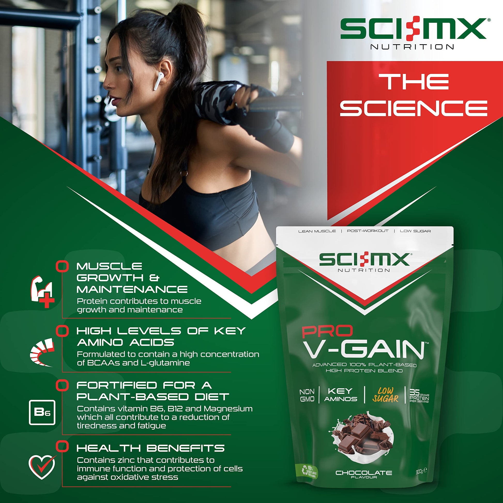 SCI-MX Pro V Gain 100% Plant Based Vegan Protein Formula With No Added Sugar - Chocolate Flavour - 900g - 20 SERVINGS SCI-MXBuy Supplements Australia