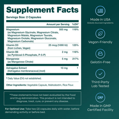 Magnesium Glycinate Complex (7-in-1) 500mg with D3 & B6 P5P - Multi-Form Blend with Glycinate, Citrate, Malate, Taurate, Gluconate, Carbonate, & Orotate