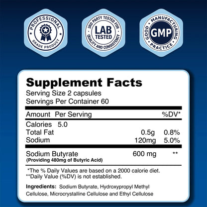 LongJuvity Sodium Butyrate Supplement (300mg) - Optimal Gut Health for Men & Women - Digestion Support & Leaky Gut Repair - Postbiotic Short Chain Fatty Acid, Lab Tested (120 Extended Release Caps) LongJuvity LabsBuy Supplements Australia