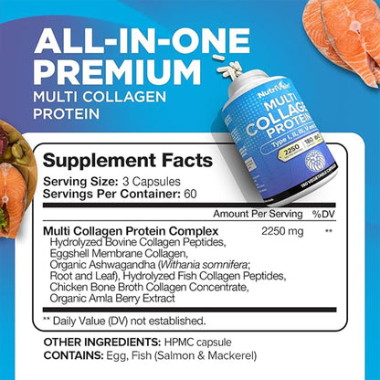 Nutrivein Premium Multi Collagen Pills 2250 mg - 180 Easy-to-Swallow Collagen Capsules: Type I, II, III, V, X Hydrolyzed Protein Peptides for Women and Men