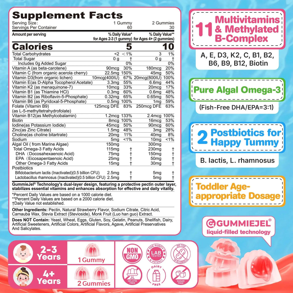 Organic Toddler Multivitamin Gummies + Omega-3 (DHA/EPA), Postbiotics | kids 2+ multivitamin | Vitamins A C D3 Methyl B12 Folate Zinc EnvyCure