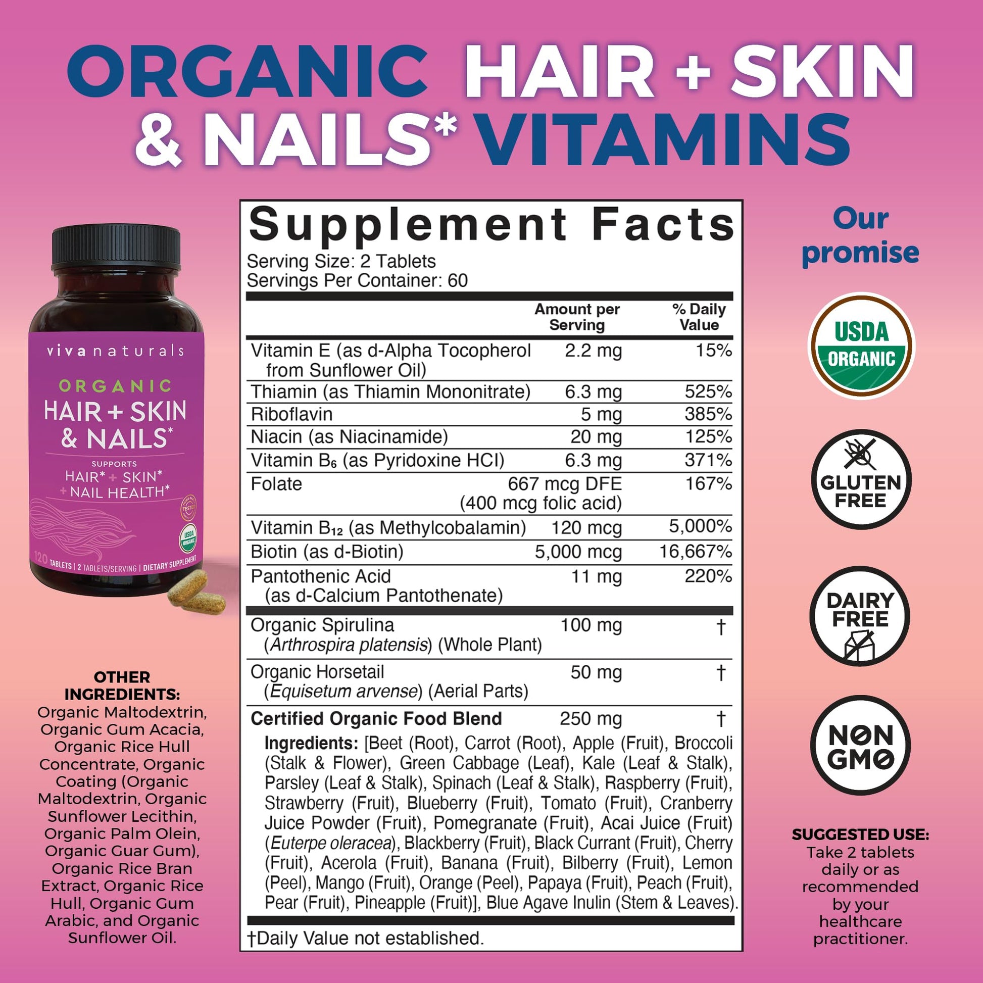 Biotin 5000 mcg Hair Skin Nails Vitamins for Women – Organic and Vegetarian-Friendly Supplement with Vitamin E, B-Vitamins, Spirulina Viva NaturalsBuy Supplements Australia