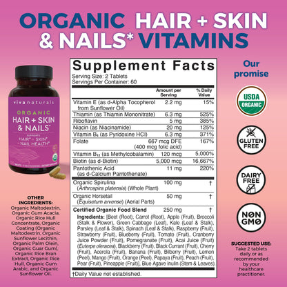Biotin 5000 mcg Hair Skin Nails Vitamins for Women – Organic and Vegetarian-Friendly Supplement with Vitamin E, B-Vitamins, Spirulina Viva NaturalsBuy Supplements Australia